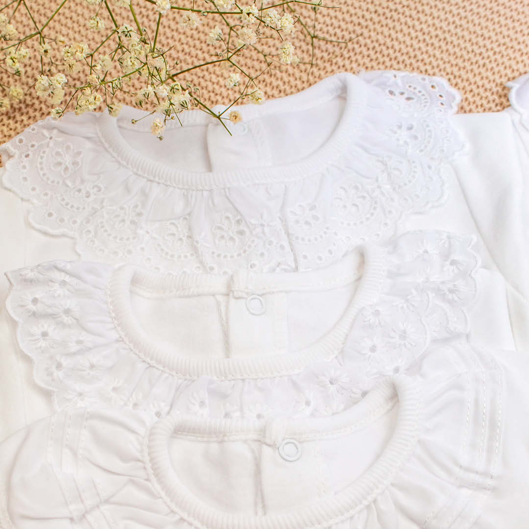 Body in caldo cotone con colletto in pizzo inglese rotondo