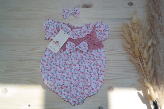 Pagliaccetto Floreale in Cotone con Fiocco e Fermaglietto Coordinato