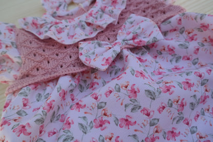 Pagliaccetto Floreale in Cotone con Fiocco e Fermaglietto Coordinato